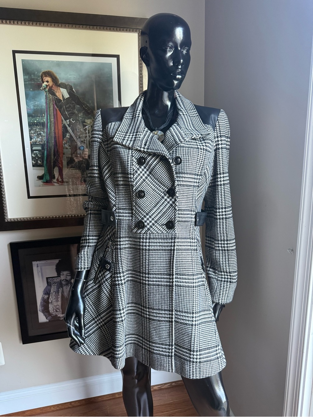 GUESS Large Wool Blend Plaid Fit & Flare Coat Faux Leather Trim